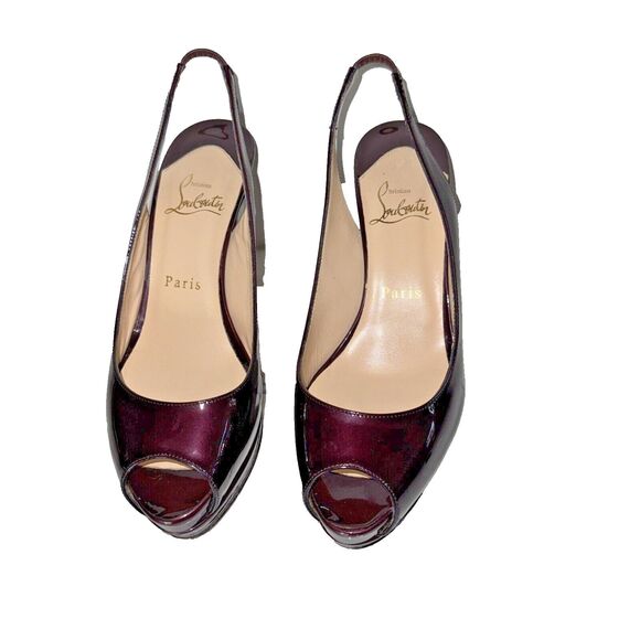 Authentic Christian Louboutin Size 7 Burgundy Patent Peep Toe Platform Slings - Picture 3 of 10